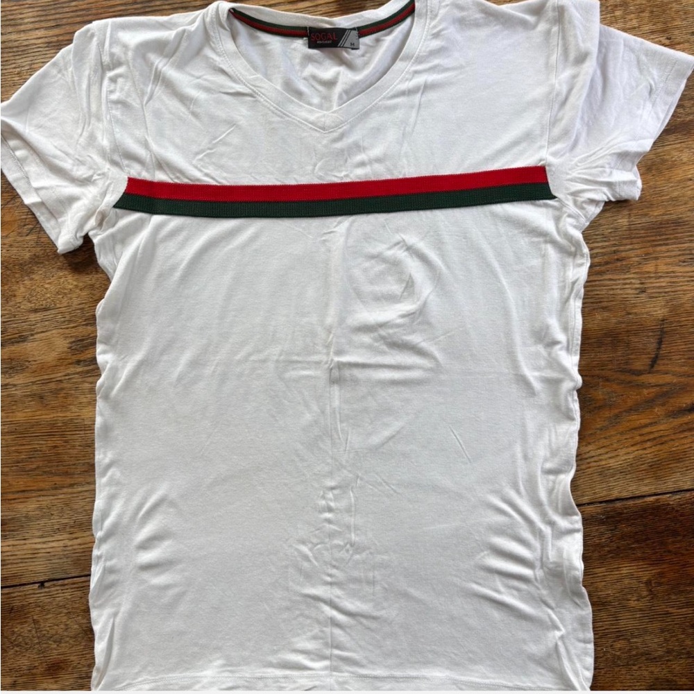 Classic White V-Neck T-Shirt with Red and Green Accents